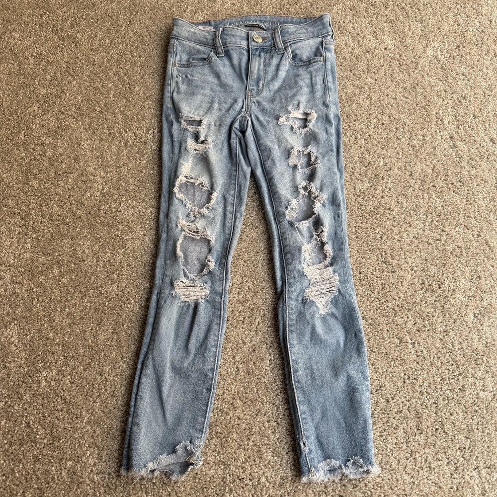 American Eagle Outfitters Skinny Jeans Womens 0 Light Wash Blue Distressed Denim